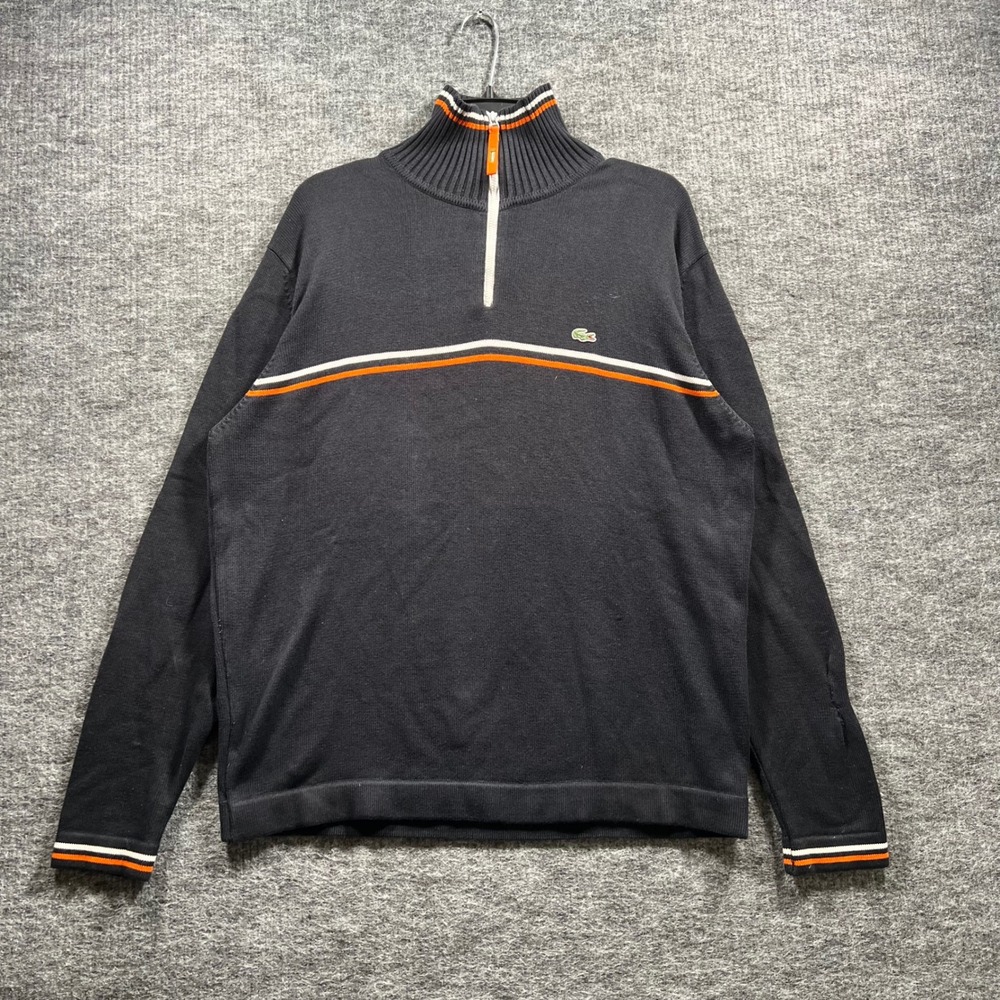 Lacoste Mens Quarter Zip Pullover Sweater Black Orange Stripe Size 5 Large